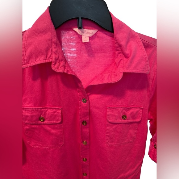 Lilly Pulitzer Cruiser Camp Shirt Button Up Pink Size Large Roll Tab Sleeves - Picture 2 of 9